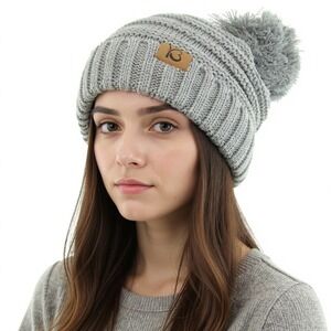 KBETHOS Women's Light Gray Chunky Pom-Pom Cable Knit Ribbed Beanie NWT